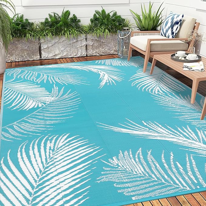 Pauwer Waterproof Outdoor Rug 5x8, Reversible Plastic Straw Patio Camping Rug, Indoor Outdoor RV Mat Carpet for Deck, Camper, Porch, Balcony, Backyard, Picnic, Leaf Teal