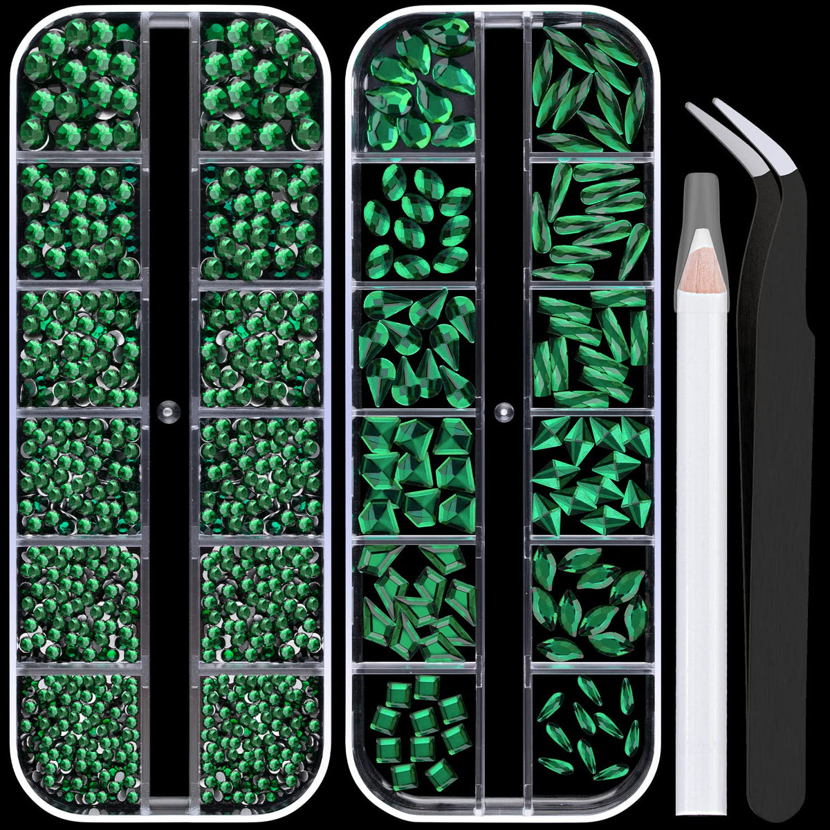 Nail Rhinestones 1560Pcs 2-5Mm Glass Dark Green Round Flatback And Multi Shape Crystal Shine Diamonds For Diy Crafts Nail Art