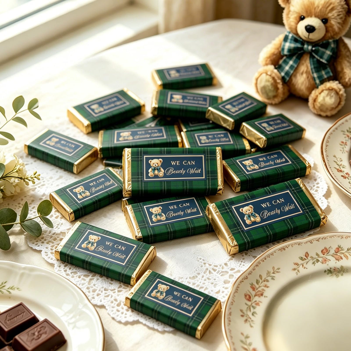 JarThenaAMCS 102Pcs Tartan Bear Candy Wrappers Baby Shower Chocolate Bar Wrappers We Can Bearly Wait Label Stickers for Gender Reveal Party Favors DIY