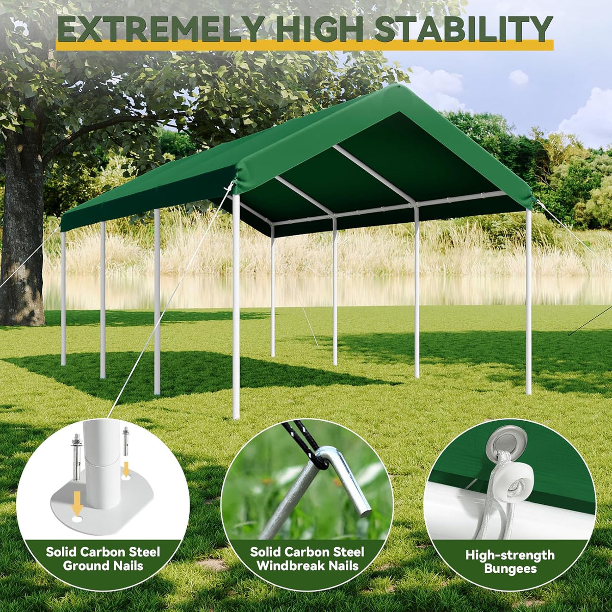 Aoxun 10x20 ft Heavy Duty Carport with Tarp & Wind Resistance Portable Carport Car Tent Outdoor Car Port with Tear Resistant Canopy, No Sidewall - Green