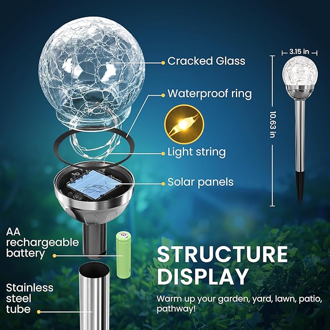 SOLPEX Solar Garden Lights String - 3 Pack Warm White, Solar Powered Cracked Glass Ball, Waterproof for Outdoor & Patio Decoration