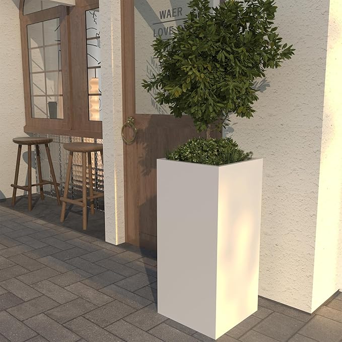 White Steel Metallic Heavy Planter for Outdoor Plants Box 14"x14"x30" Metal Planter Spliced Flower Pots with Partitions for Outside,Indoor,Garden (White, 14 * 14 * 30)