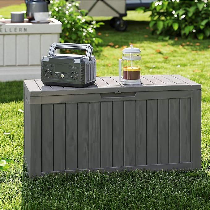 90 Gallon Outdoor Cushion Storage - Waterproof Deck Boxes for Outdoor, Space-Saving Deck Box with Lock for Patio/Pool Accessories, UV-Resistant Resin, Granite Grey