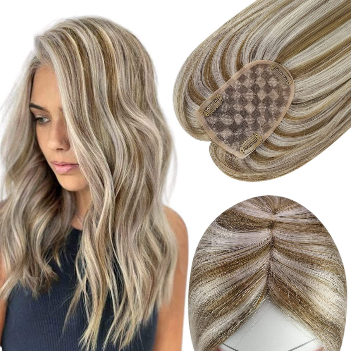 Full Shine Crown Hair Topper For Women Remy Human Hair Mono Base Wiglet Color 8P60 Ash Brown And Blonde Clip In Crown Toppers 3X