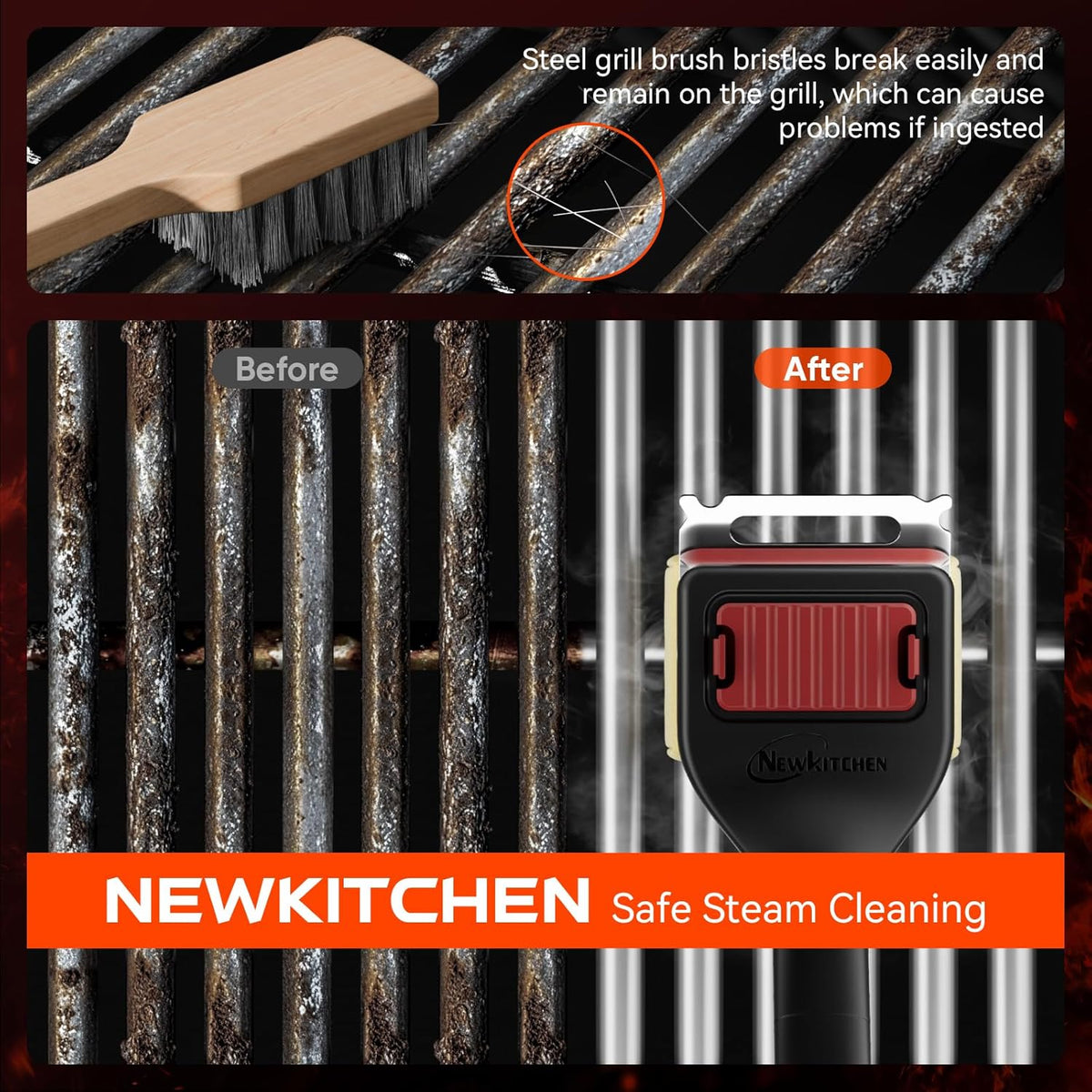 Grill Brush Bristle-Free Steam Cleaning, BBQ Brush Replaceable Heat-Resistant Kevlar Head with Grill Scraper Safe Barbecue Grill Cleaner for All Grill Types (2 Pack Cleaning Head)