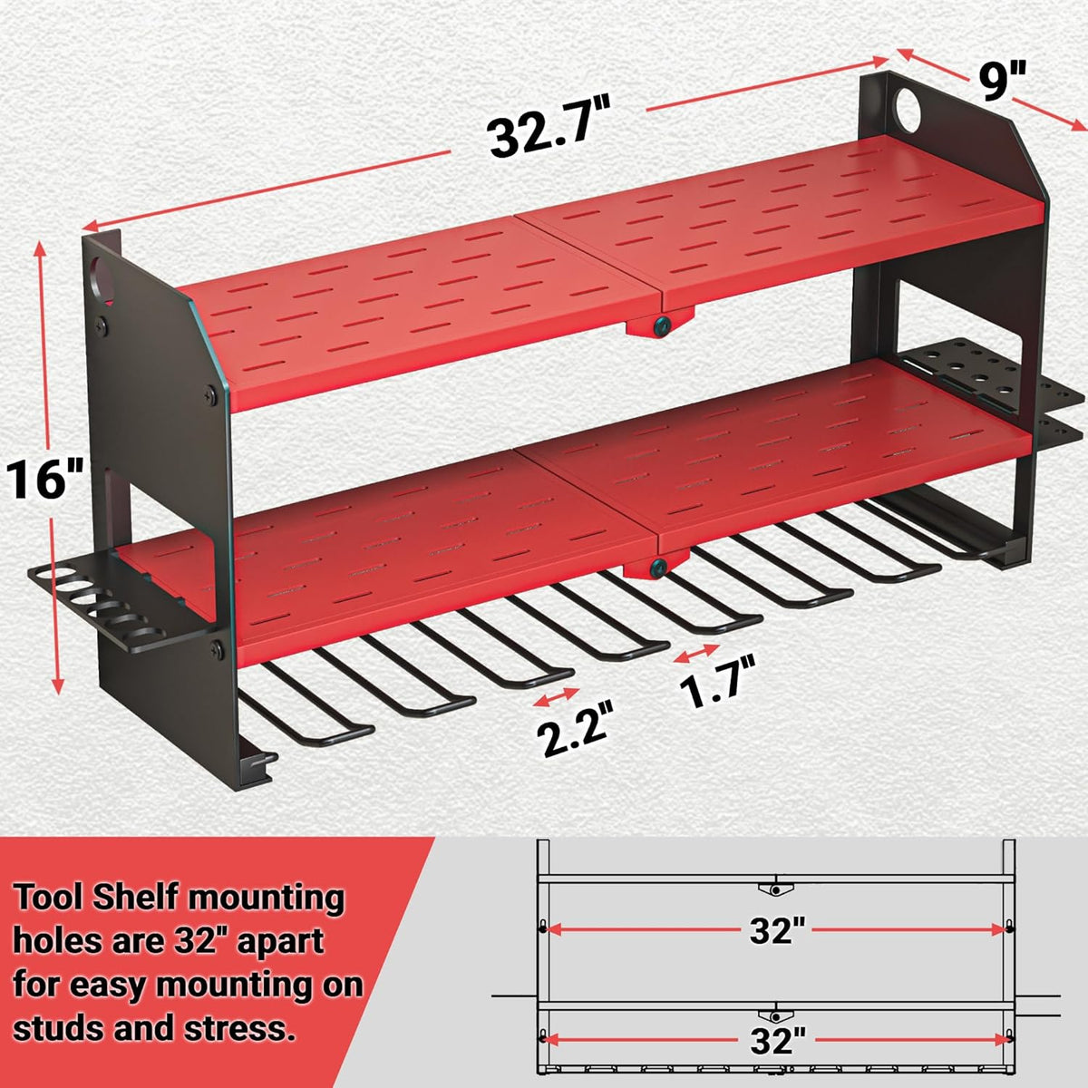 YYR Power Tool Organizer Wall Mount, Cordless Drill and Battery Holder, Electric Tools Hanger Storage Rack with Charging Station, Garage Organization Floating Shelf - Made of Heavy Duty Metal, Red