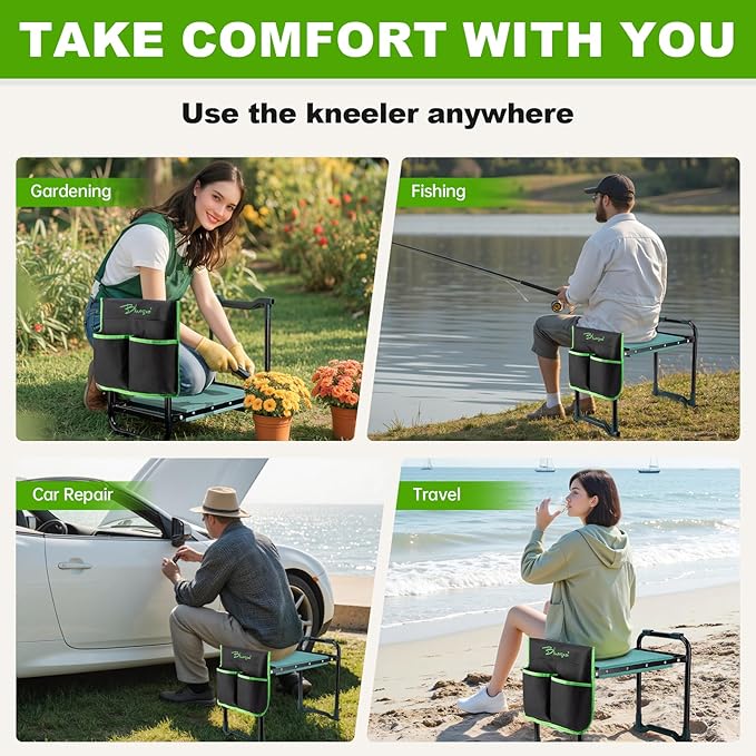 Bluesea Garden Kneeler and Seat - 2-in-1 Heavy Duty Garden Stool & Thick Kneeling Pad with Tool Pouch, Foldable Garden Bench for Planting, Weeding, Seniors, Women (350lbs Capacity)
