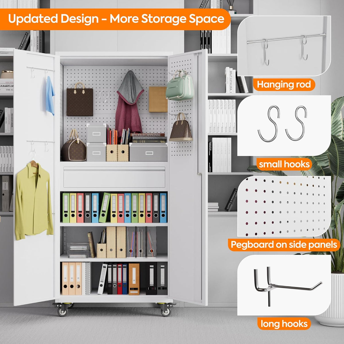 Aobabo Metal Storage Cabinet with Wheels and 1 Interior Drawer, Steel Rolling Tool Cabinet with 16 Hooks and 2 Adjustable Shelves for Garage, Home, Office, Kitchen Assembly Required, White