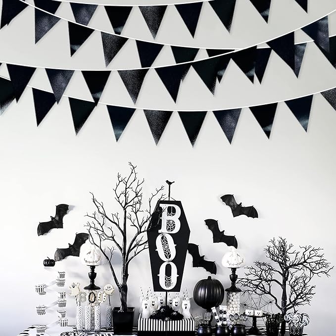 Black Party Decorations Triangle Pennant Banner Flag Black Metallic Fabric Bunting Garland for Graduation Birthday Wedding Engagement Bachelorette Holiday Halloween Celebration Hen Party Supplies