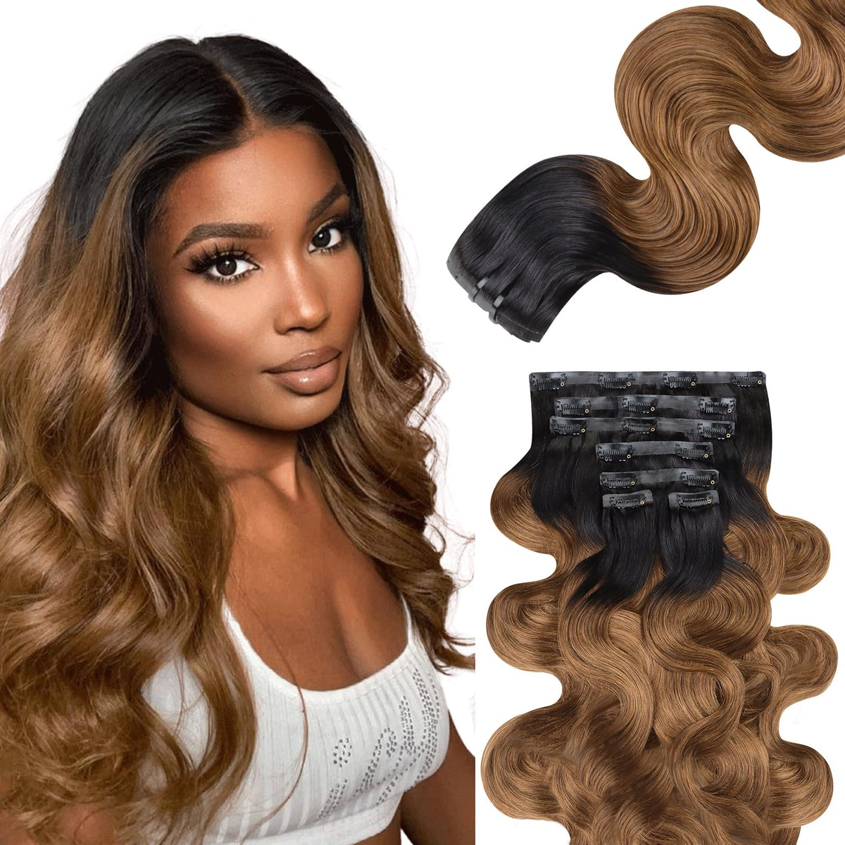 Lashey Seamless Hair Extensions Real Human Hair 110G 7Pcs Body Wave Clip In Hair Extensions With Pu Soft Invisi Edge 16 Inch Omb