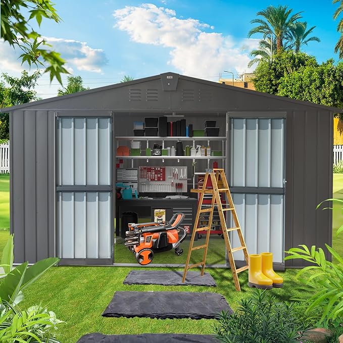 Domi Outdoor Storage Shed 11’ x 9’, Metal Sheds with Galvanized Steel Frame & Windows & Lockable Door, Garden Shed Tool Storage Room for Patio, Grey
