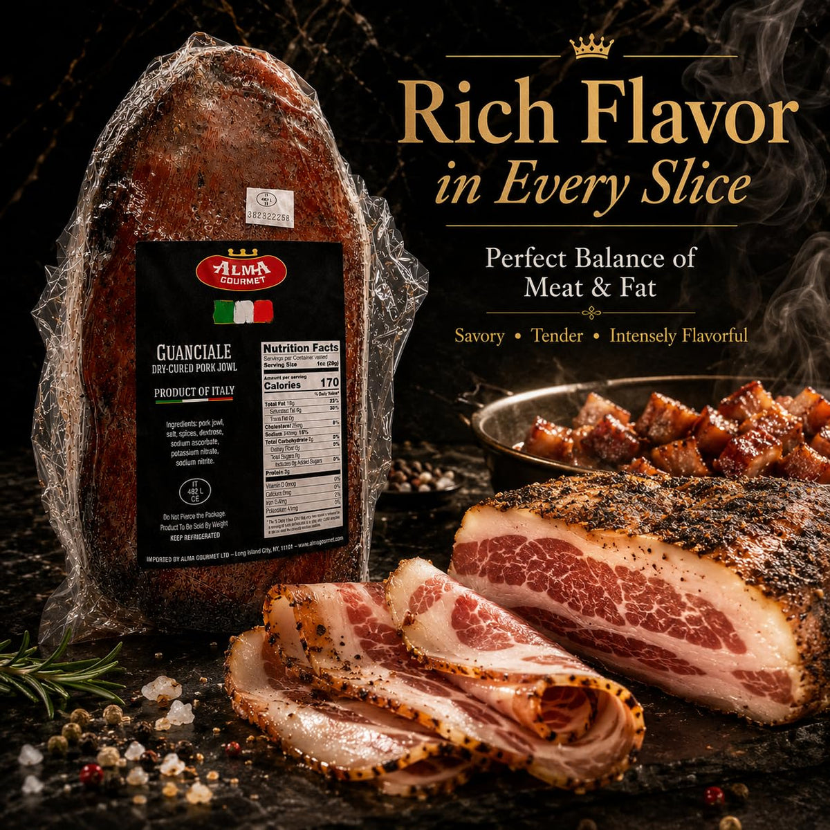 Alma Gourmet Guanciale From Italy - Italian Dry-Cured Pork Jowl, Aged 3 Months - Imported Cured Meat for Charcuterie - La Salameria - Approx. 2.8