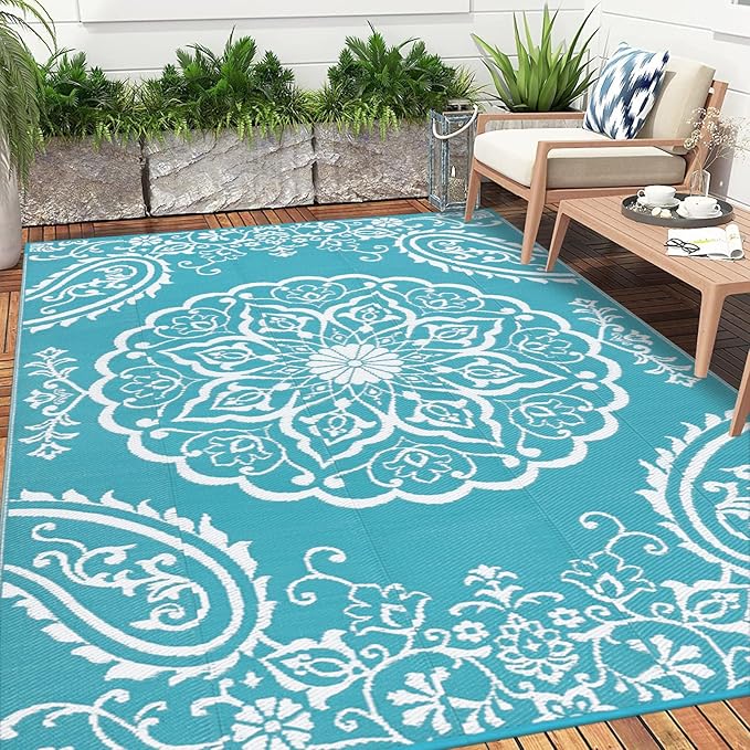Pauwer Reversible Outdoor Rug, 6'x9', Waterproof Polypropylene Patio Mat, RV, Balcony, Deck, Beach, Picnic
