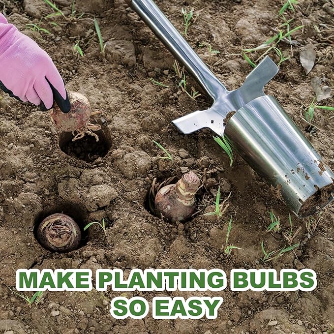 Long Handled Bulb Planter Tool, 37'' Bend-Proof Stainless Steel Bulb Planter, 4'' Depth Marks Long Handled Hole Digger, Bulb Planter with Comfortable T-Shaped Long Wood Handle for Planting Tulips