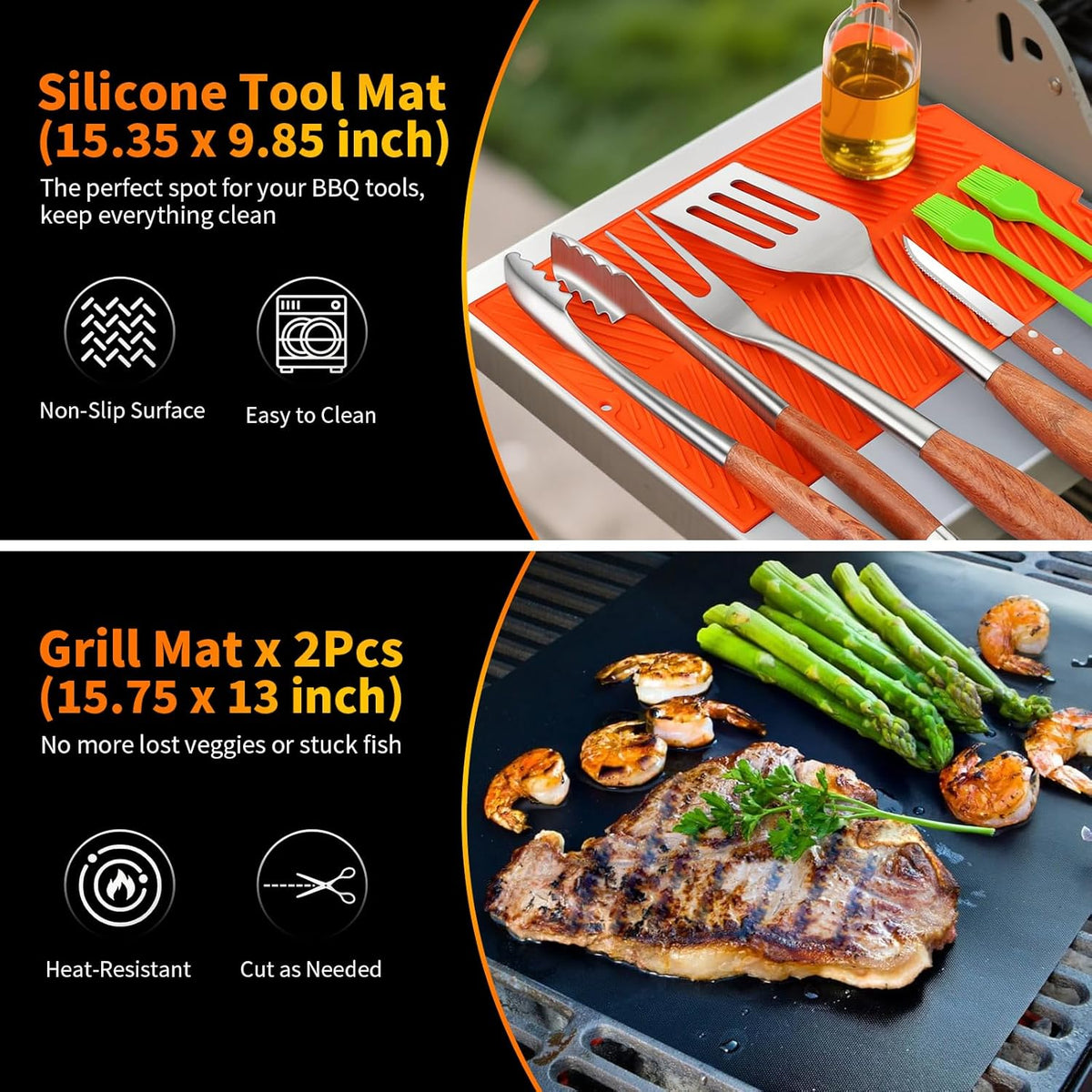 16 Inch Grilling Accessories Set, Heavy Duty Stainless Steel BBQ Accessories Tools and Grill Accessories for Outdoor Grill with Spatula, Fork, & Tongs - Grilling Gifts for Men Women Father
