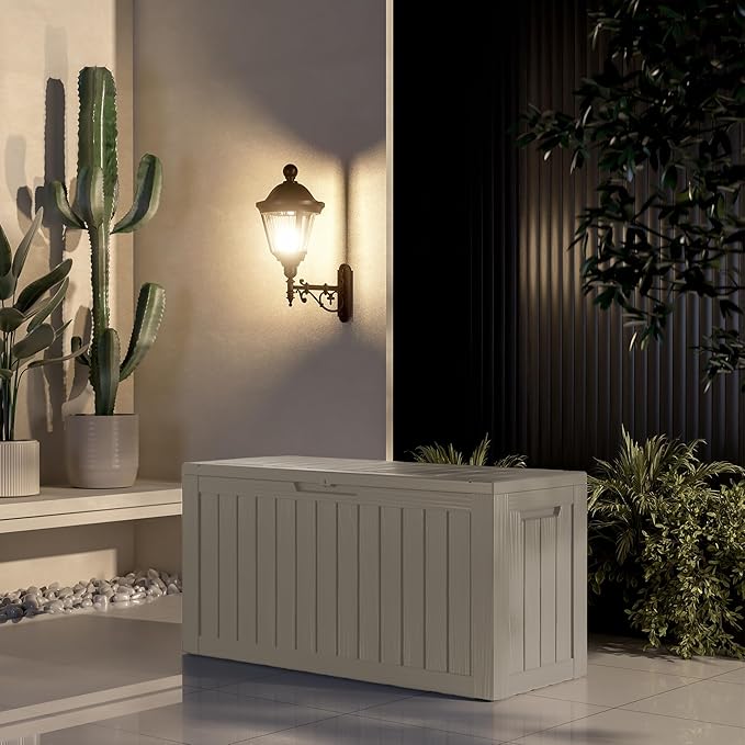 80 Gallon Outdoor Storage Box Waterproof Lockable Resin Deck Box Large, Patio Storage Bin for Pool Accessories Cushion Furniture, Garden Tools, UV-Resistant Outside Delivery Grey