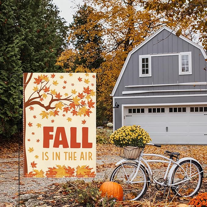 Fall Garden Flag Fall is in the Air Autumn Garden Flag 12x18 inch Double Sided Autumn Maple Leaves Flags Holiday Decorations for Yard Outdoor Home Porch (Flay 1808)