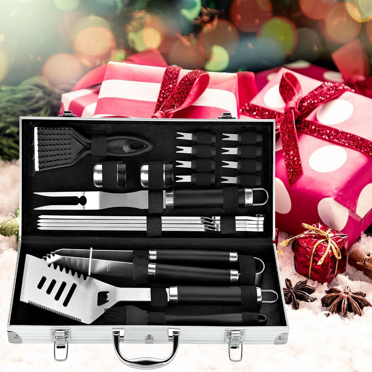 ROMANTICIST 20pcs Heavy Duty BBQ Grill Tool Set in Case - The Very Best Grill Gift for Father's Day and Christmas - Professional BBQ Accessories Set for Outdoor Cooking Camping Grilling Smoking, Black