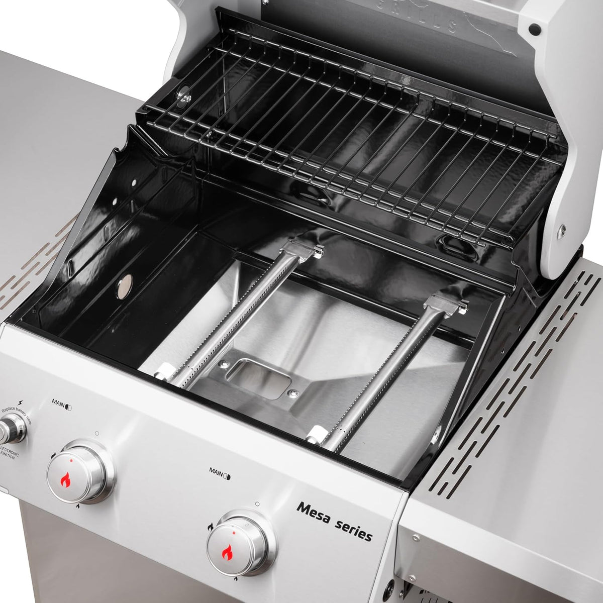 Monument Grills 2-Burner Stainless Steel Liquid Propane Gas Grill, Two Foldable Shelves Patio Garden Barbecue Grill with Clearview® Lid, Knob Control, Mesa200S with BBQ Cover