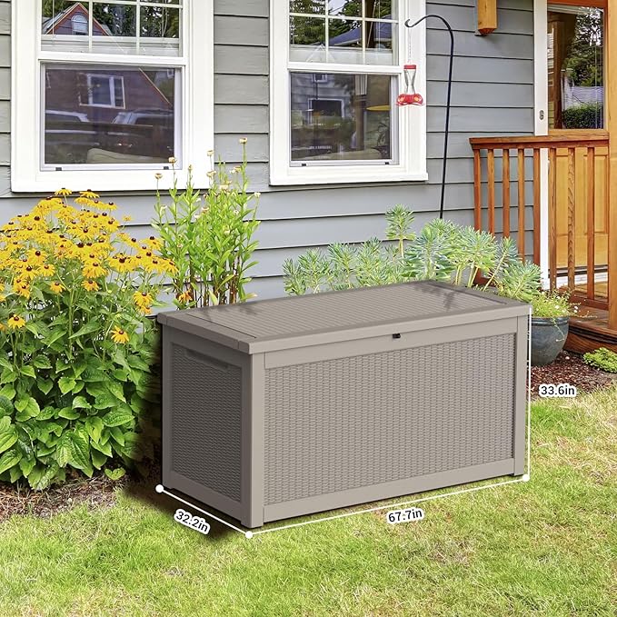 DRATO 260 Gallon Deck Box, Outdoor Large Waterproof Resin Storage Box with Lockable Lid for Patio Cushions, Gardening Tools, Sports Equipment, Light Brown