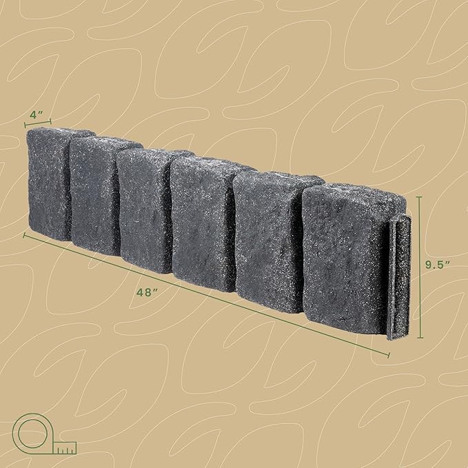 Beuta Landscape Edging | Garden Edging Border | Faux Stone Block XL for Lawn Edging, Flower Beds & Yard Edging – 1 Pack | Each Section Has 6 Blocks 48" L x 4" W x 9.5" H | 3 Spikes | Charcoal