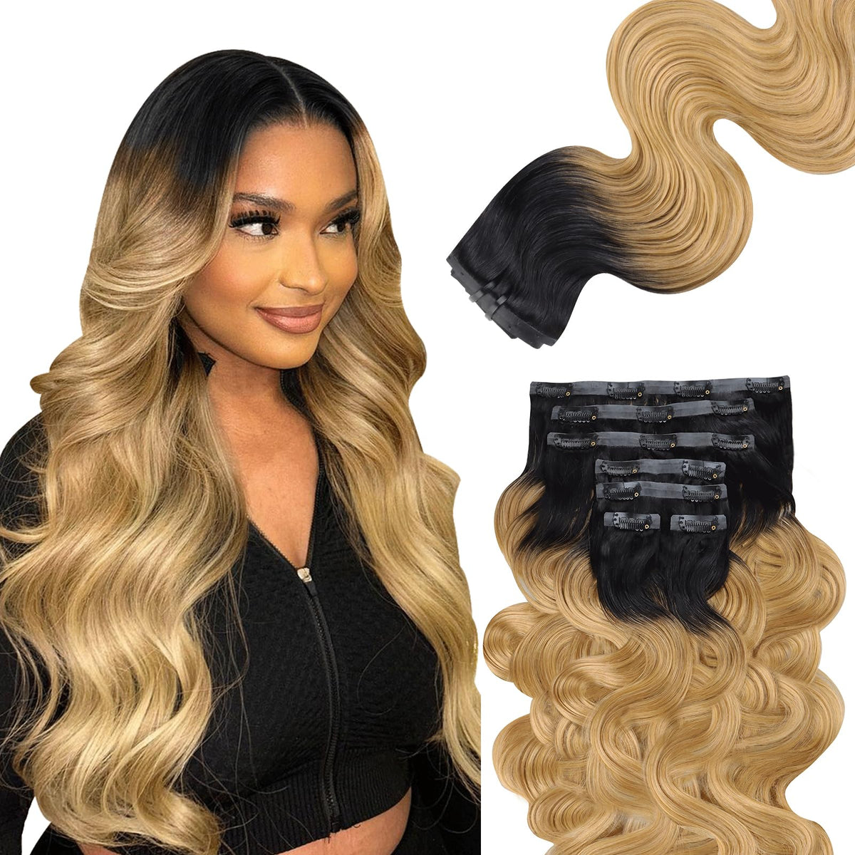Lashey Seamless Hair Extensions Real Human Hair 110G 7Pcs Body Wave 18 Inch Clip In Hair Extensions Human Hair Ombre Natural Bla