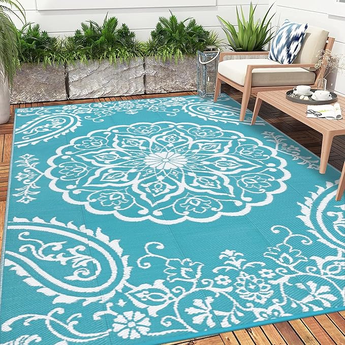 Pauwer Waterproof Outdoor Rug 9x12, Reversible Plastic Straw Patio Camping Rug, Indoor Outdoor RV Mat Carpet for Deck, Camper, Porch, Balcony, Backyard, Picnic, Boho Teal