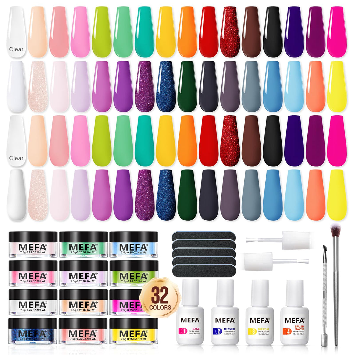 Mefa Dip Powder Nail Kit 32 Colors Spring Summer, Hot Pink Pastel Violet Neon Orange Glitter Shimmery Dipping Powder With Base T