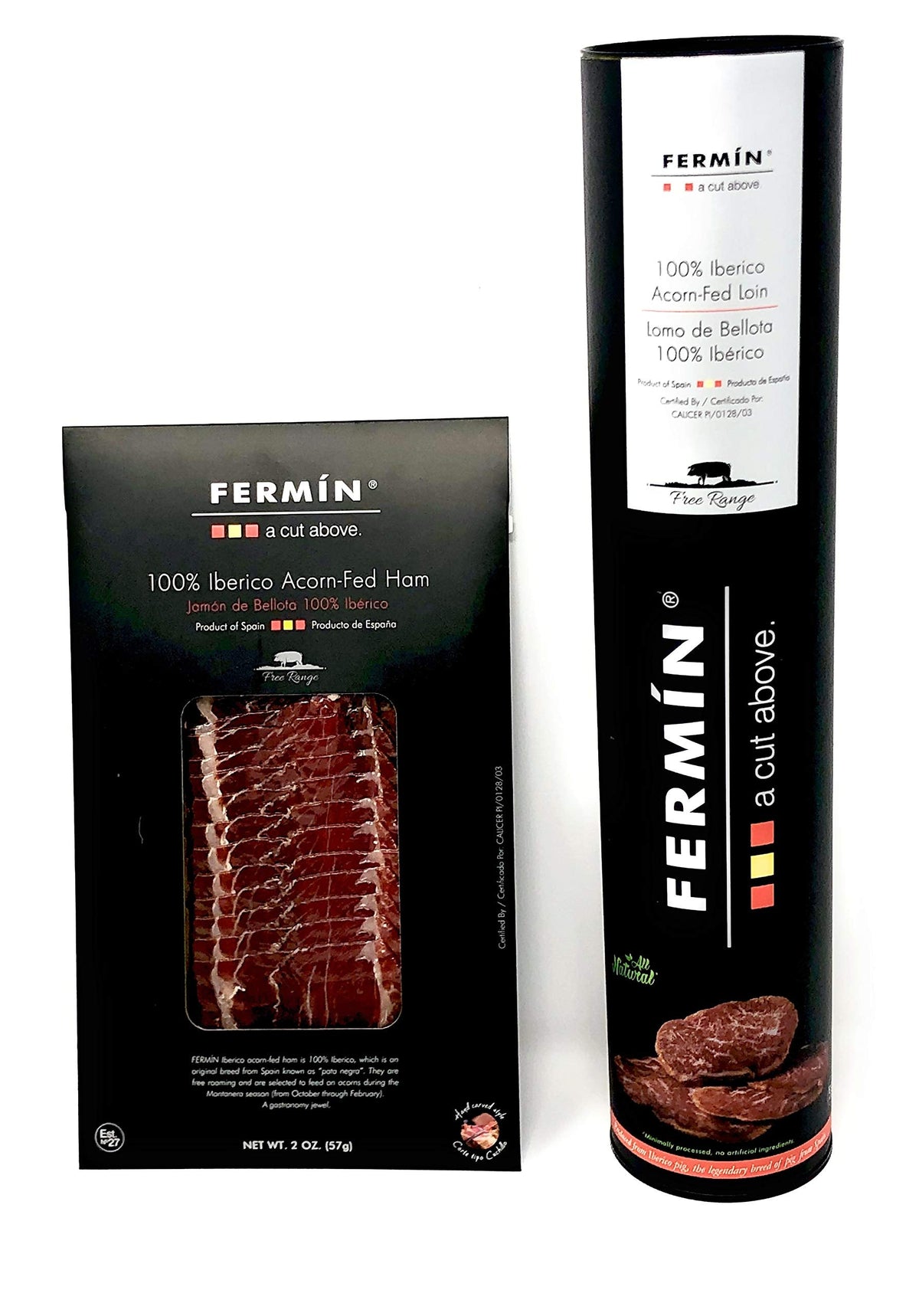 100% Iberico Acorn-Fed Ham Sliced 2 oz & 100% Acorn-Fed Loin Tube | Jamon de Bellota 100% Iberico Loncheado & Lomo de Bellota 100% Iberico Tubo