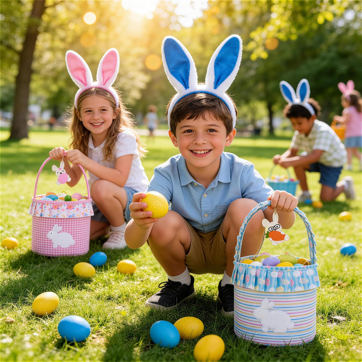 Munidow Easter Baskets for Toddler Boys Set of 2 With Wooden Tag Bunny Egg Basket Gingham Bucket Candy with Handle Tote Bucket Reusable Goody Baskets