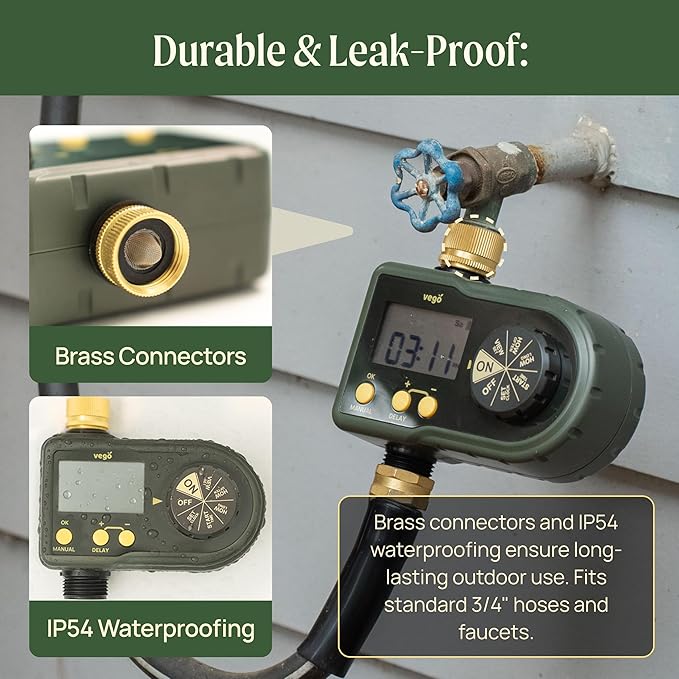Vego Sprinkler Timer with Brass Inlet- Watering Timer for Garden Hose with Rain Delay/Manual Watering/Automatic Irrigation System - Water Hose Timer for Yard Lawn