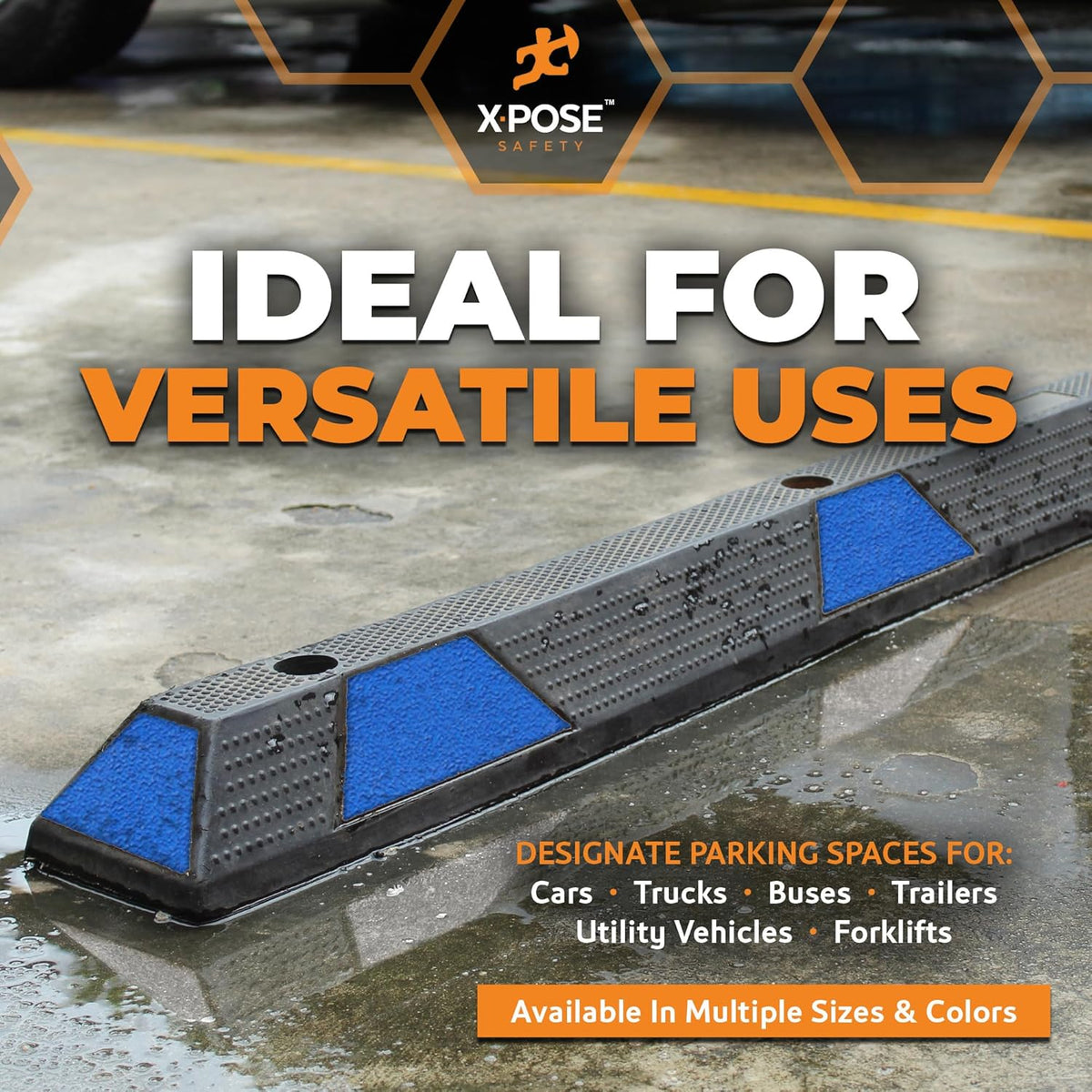 Xpose Safety 72" Heavy Duty Rubber Parking Stopper – Bulk Half Pallet 24 Pack Wheel Blocks for Garage, Driveway, or Ramp – Car Bumper Stop with Blue Reflective Strips – Removable Floor Mount