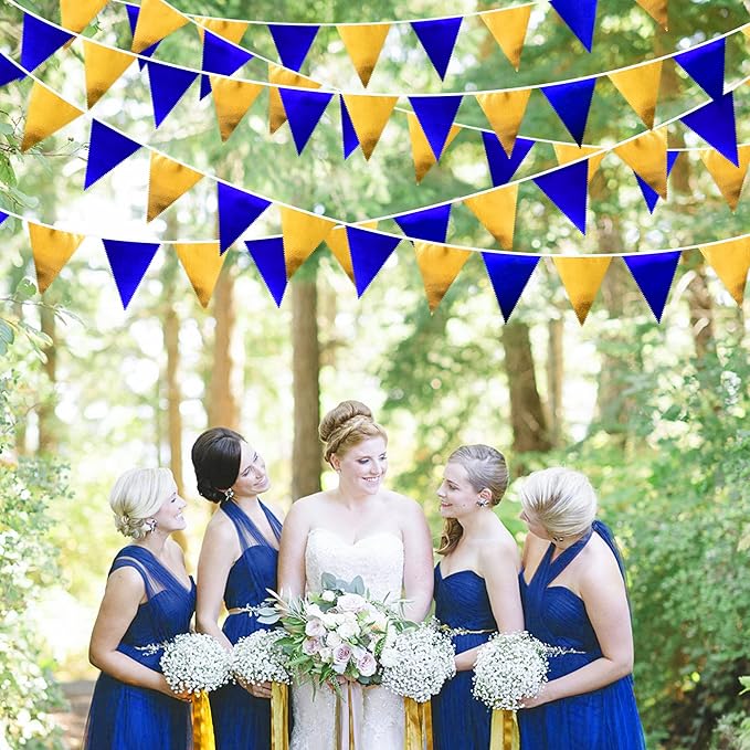 Royal Blue Gold Party Decoration Navy Blue Gold Triangle Pennant Banner Flag Metallic Fabric Bunting Garland for Graduation Birthday Wedding Retirement Bridal Shower Nautical Ahoy Achor Party Supplies
