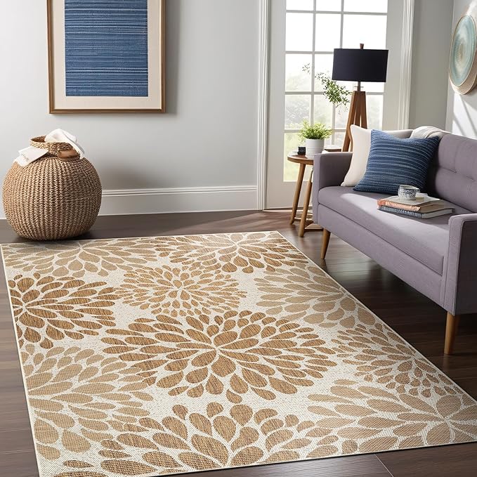 Beverly Rug Outdoor Rug 9x12 Modern Exotic Tropical Leaf Area Rugs for Indoor and Outdoor Patio Deck Porch Garden Water Resistant Washable Outside Carpet (9 x 12 Beige)