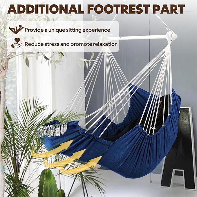 Chihee Hammock Chair Hanging Chair with Foot Rest 2 Cushions Max 500lbs Robust Metal Spreader Bar Collapsible Easy Storage Soft Cotton Swing Chair Strong Strap Iron Carabiner Side Pocket Included