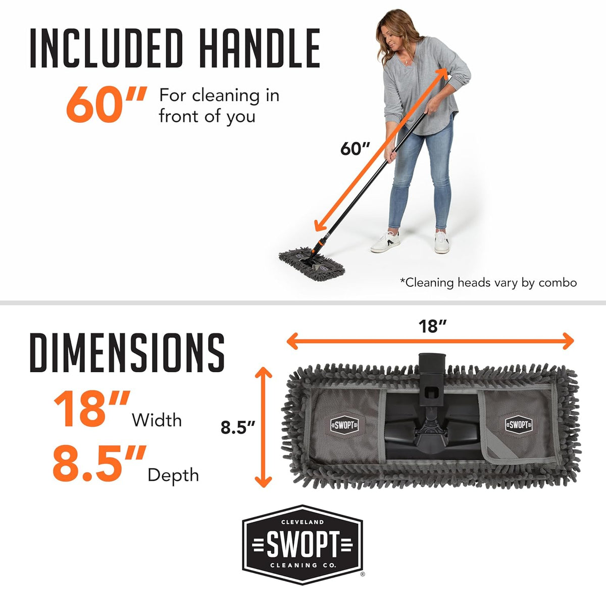 SWOPT 18” Microfiber Dust Mop + 60" Steel Handle, Combo — Includes Additional 18” Microfiber Refill, Machine Washable — Dust Mop Head with Long Handle Interchangeable with All SWOPT Cleaning Products