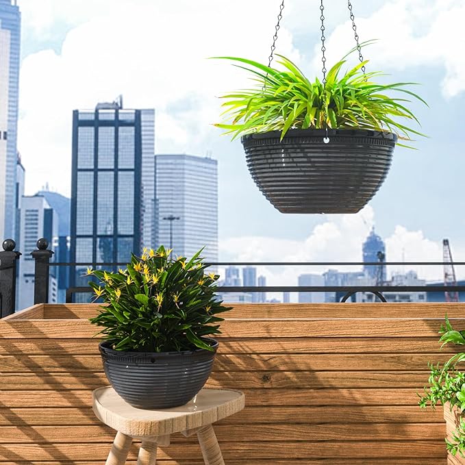 2 Pack Hanging Planters for Indoor Outdoor Plants, 10 Inch Hanging Planter with Drainage Hole & Plug Glazed Hanging Baskets Flower Pots for Garden Home (Black)