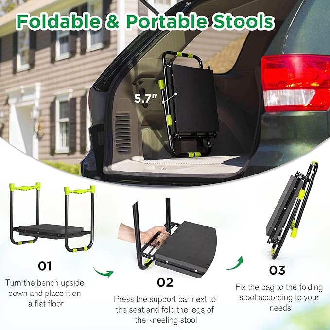 10.8” Wide Garden Kneeler and Seat, Heavy Duty Foldable Gardening Stool with Tool Belt Pouch, Portable Gardening Bench Chair for Seniors & Parents, Non-Slip & Easy Grip Design
