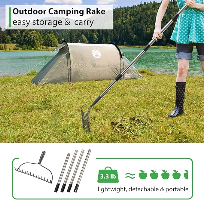 Garden Rake, 6 FT Bow Rakes for Lawns Heavy Duty, Yard Metal Rake with Adjustable Long Handle, 14 Tines Head, Gardening Tool for Loosen Soil, Gather Leaves, Level Mulch, Remove Debris