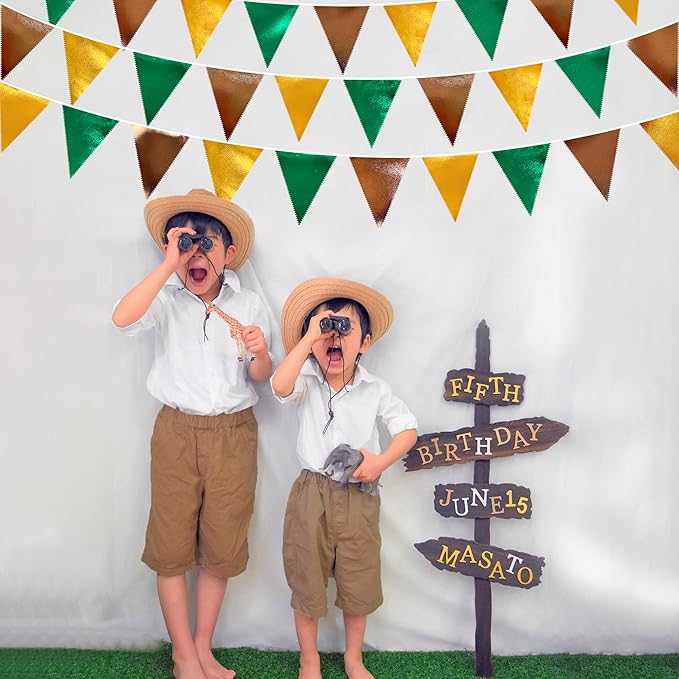 Green Gold Brown Metallic Fabric Triangle Pennant Banner Flag Bunting Garland for Football Jungle Safari Wild Woodland Birthday Baby Shower Wedding Bachelorette Graduations Party Decorations Supplies