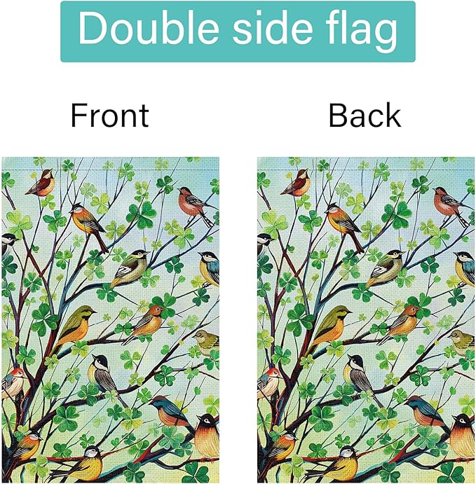 Louise Maelys St Patricks Day Garden Flag Shamrock Bird Tree Welcome Double Sided 12x18 Inch Small Burlap Spring Holiday Yard Outdoor Outside Home Decor