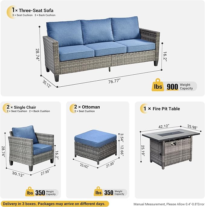 ovios 6 Pieces Patio Furniture Set with 42" Fire Pit Table, Outdoor Wicker Sofa with Comfy Cushions, All Weather High Back Rattan Couch Conversation Set, Denim Blue