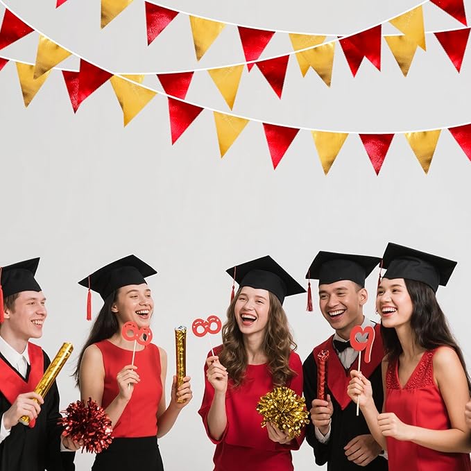 Red Gold Party Decorations Metallic Fabric Triangle Pennant Banner Flag Bunting Garland for Graduation Birthday Wedding Bachelorette Anniversary Baby Shower Christmas Holiday New Year Party Supplies