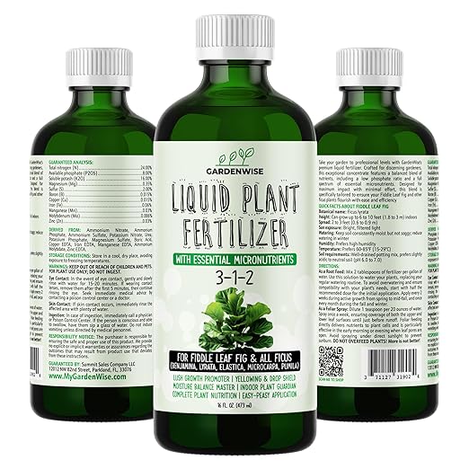 3-1-2 Liquid Fertilizer Concentrate with Micronutrients - Optimal Fiddle Leaf Fig Plant Food, Ideal for Ficus Lyrata & Fig Trees, Gold Leaf Enhanced Indoor Plant Fertilizer (16 OZ)