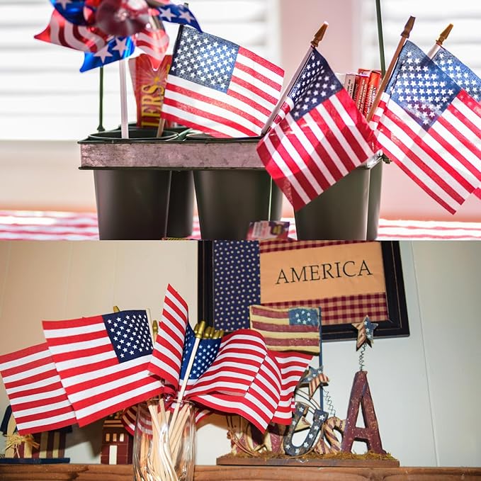 300pcs Small American Flags on Stick, Handheld 8 x 5.5 Inchs Mini American Flags with Kid-Safe Golden Spear Top, US Flags for 4th of July Decorations Outdoor, Independence Day Decorations