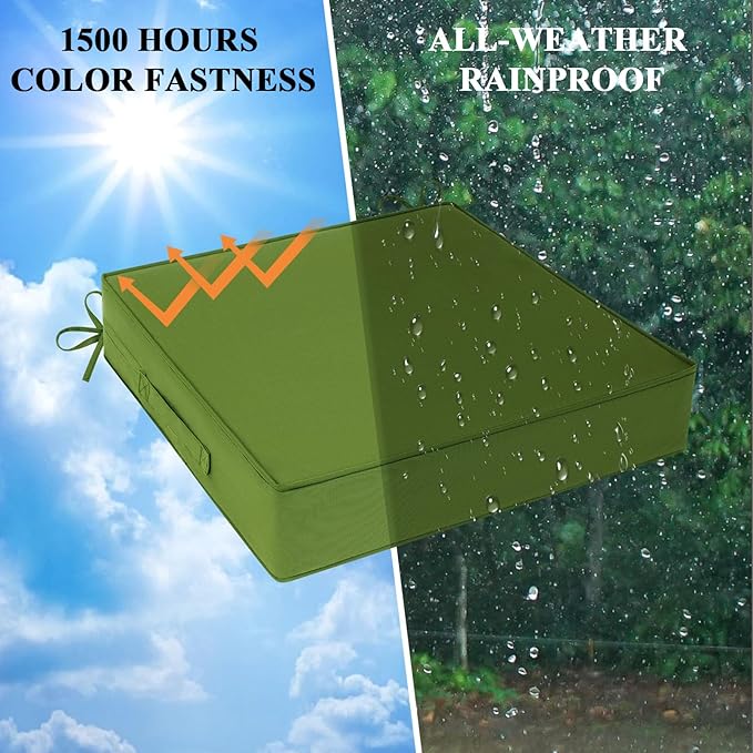 Outdoor Chair Cushions Set of 2 for Patio Furniture 19x19x4 Inch Waterproof Patio Chair Cushion 3 Year Color Fastness Square Elastic Foam Garden Couch Pads with Ties and Handle,Green