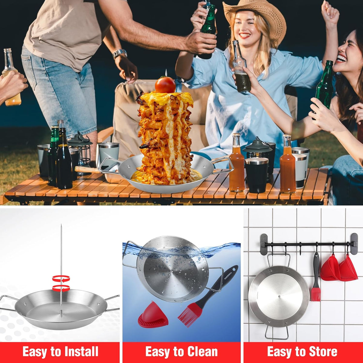 Al Pastor Skewer for Grill Stainless Steel Shawarma Skewer Stand with 3 Spikes (8"/10"/12"),Brush & Anti-scalding Fittings for BBQ Grill Oven