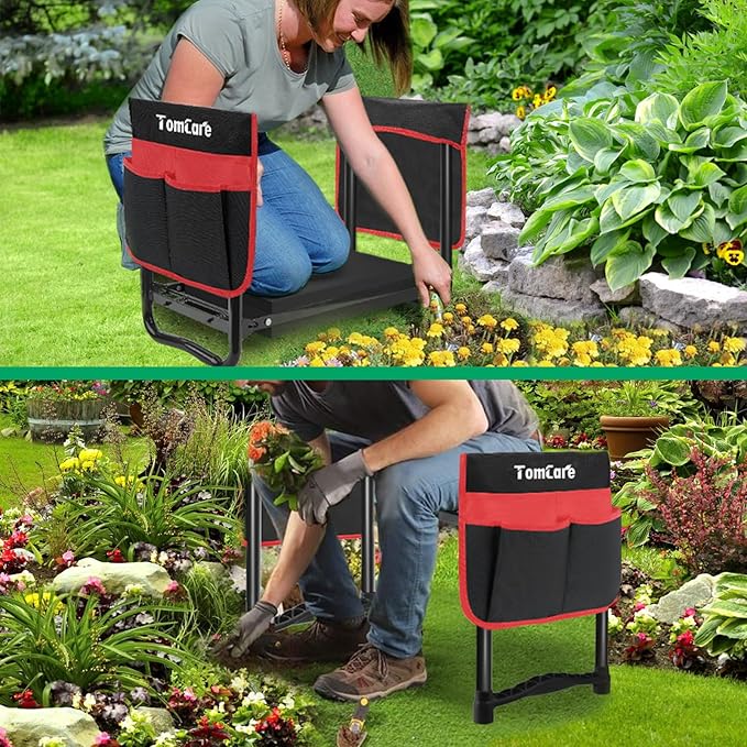 TomCare Garden Kneeler and Seat 10.64” Wider Larger Soft Kneeling Pad Garden Bench with 2 Large Tool Pouches Heavy Duty Garden Stool Foldable Tools Gardening Gifts for Women Men Gardeners,Black