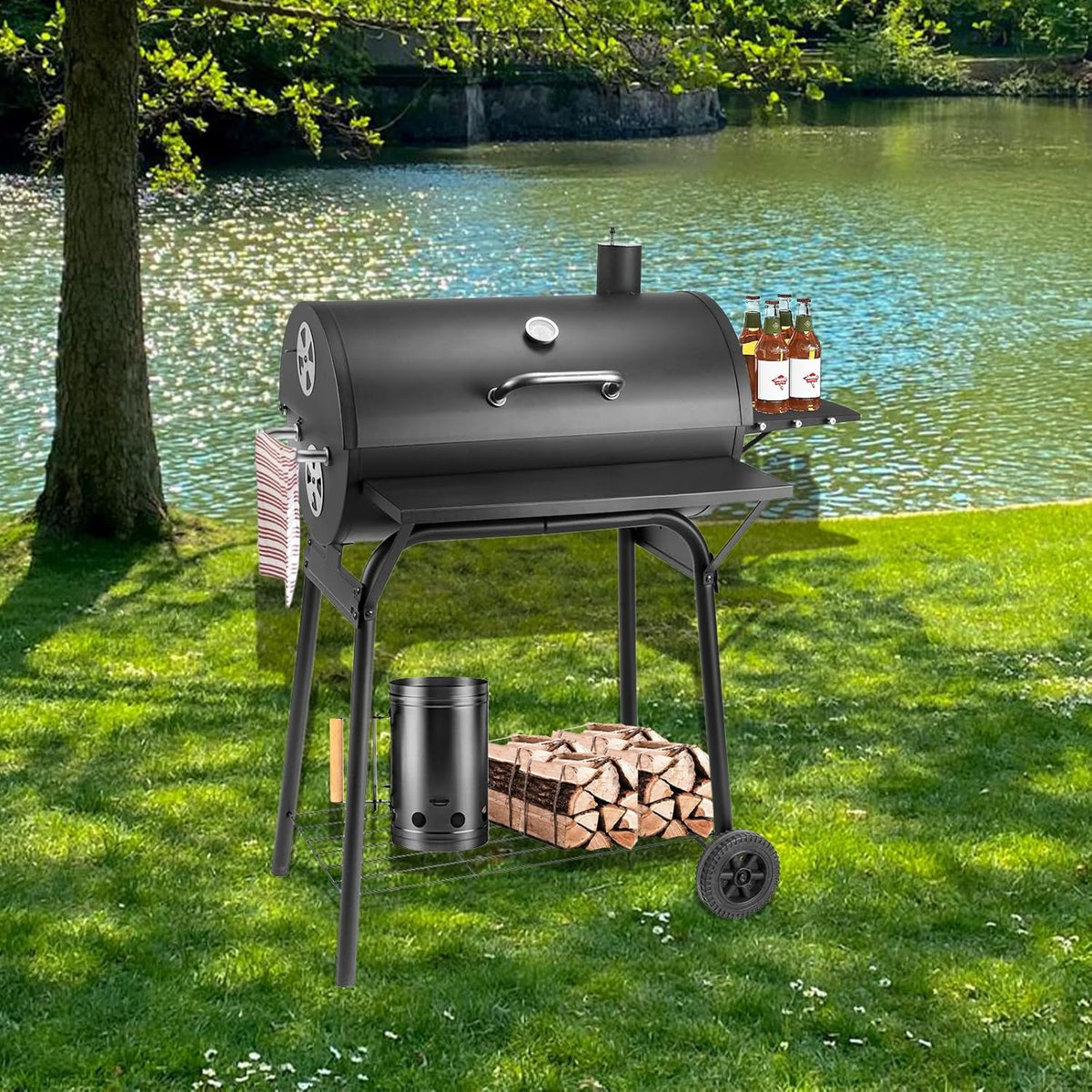 Barrel Charcoal Grill, Large Charcoal Grills with Front and Side Shelf, 627 Square Inches Cooking Grid, Outdoor BBQ Grill, Perfect for Backyard Camping, Patio Parties, and Picnics