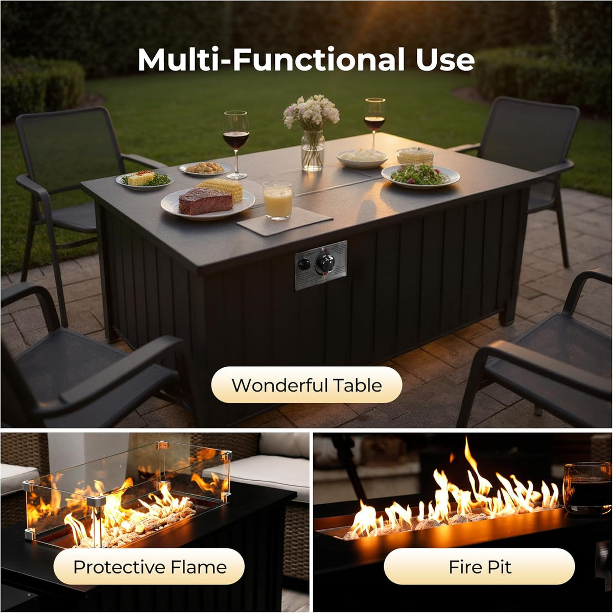 KOL 50,000 BTU Propane Fire Pit Table with Cabinet-39.5in Black Gas Fireplace with Glass Wind Guard & Lid, Outdoor Rectangular Cold Rolled Plate Plastic Spraying Firepits for Patio, Backyard, Balcony